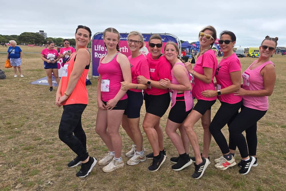 Sarah Muir, with sunglasses, celebrated her birthday at Pretty Muddy ahead of her last treatment for breast cancer on Monday.