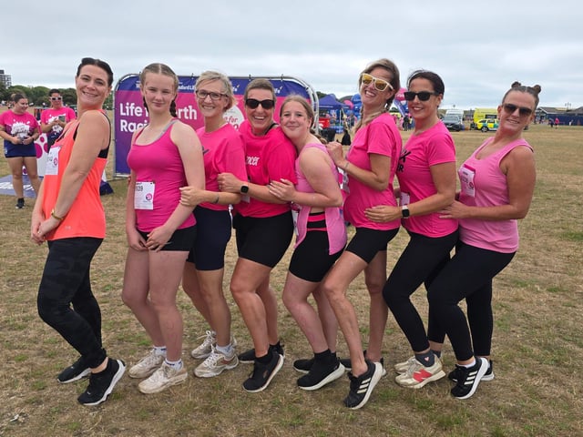 Sarah Muir, with sunglasses, celebrated her birthday at Pretty Muddy ahead of her last treatment for breast cancer on Monday.