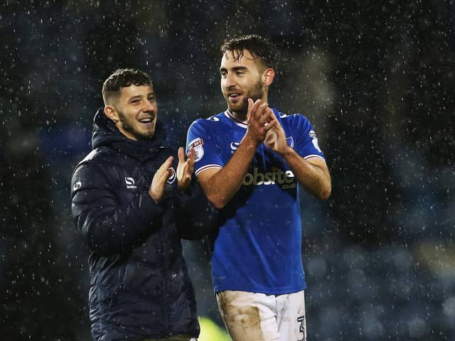 Ben Close, seen with fellow home-grown Pompey player Conor Chaplin, will not be returning to Fratton Park with Doncaster on Saturday. Picture: Joe Pepler