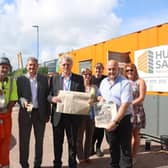 Opening of Nuffield Building time capsule, From L to R: Bernie Topham, Nathan Byng, Professor Graham Galbraith CBE, Professor Paul Hayes, Sarah Arnold, Anna Delaney, Stacey Langford, Jonathan Craner. Picture: University of Portsmouth.