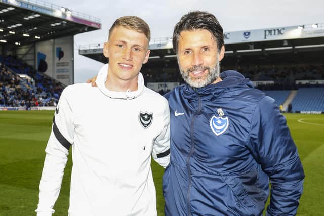 Harry Jewitt-White with Danny Cowley after signing his first professional contract in April. Picture: Robin Jones - Digital South