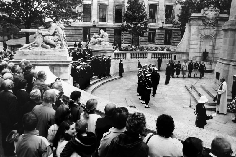 Portsmouth Guildhall and Guildhall Square. French veterans at the war memorial 25th June 1990