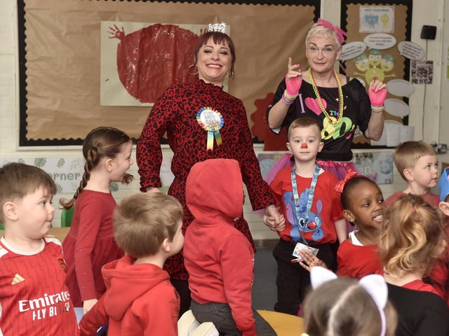 Stamshaw Infant Academy in North End Avenue, Portsmouth, held a Danceathon for Comic Relief on Friday, March 21, 2025. Pictured is: (l-r) Natalie Weston, learning mentor and Mel Cornell, admin officer.Picture: Sarah Standing (210325-743)