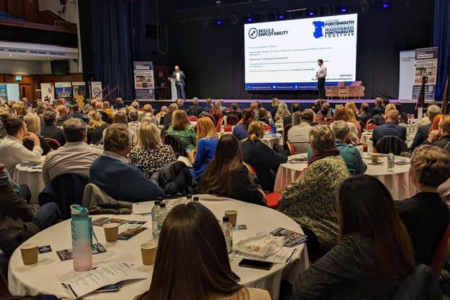 Shaping Portsmouth CEO Stef Nienaltowski and non-executive director Hayden Taylor take to the stage at The Guildhall during the 2023 conference. Picture: Shaping Portsmouth