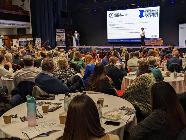 Shaping Portsmouth CEO Stef Nienaltowski and non-executive director Hayden Taylor take to the stage at The Guildhall during the 2023 conference. Picture: Shaping Portsmouth