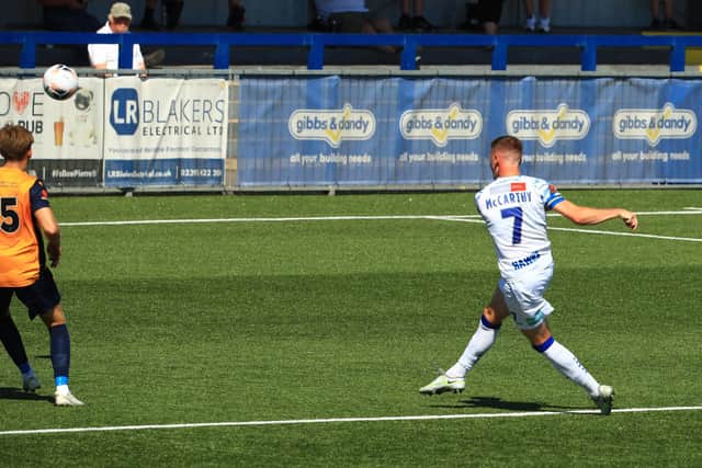 Jake McCarthy lashes in a stunning volley against Slough this season. Picture by Dave Haines