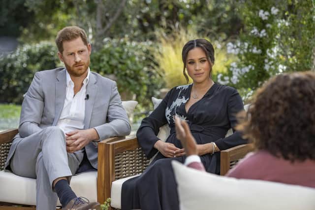Prince Harry and Meghan, Duchess of Sussex, in conversation with Oprah Winfrey. Picture: Joe Pugliese/Harpo Productions via AP