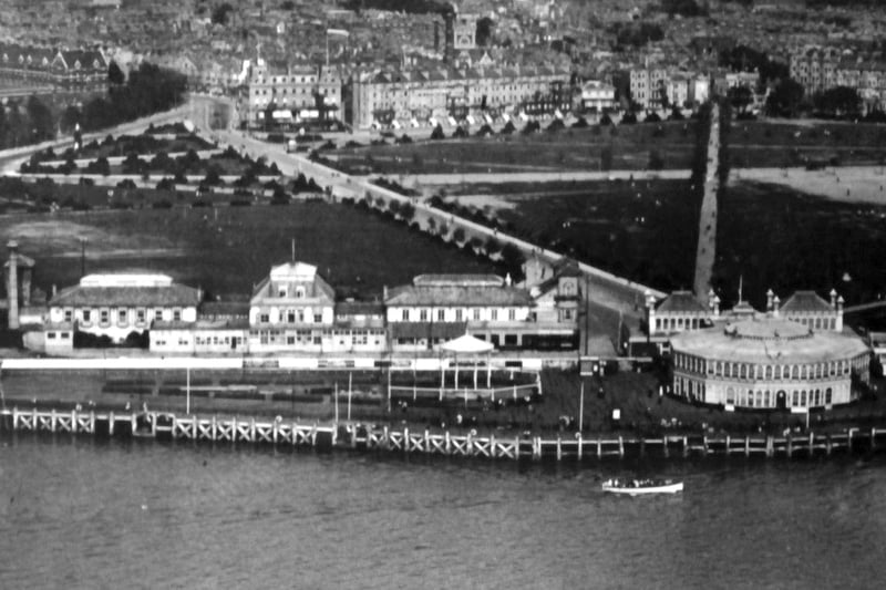 An aerial view of Clarence Pier. In the far background can be seen Victoria Barracks and the Pier Hotel.