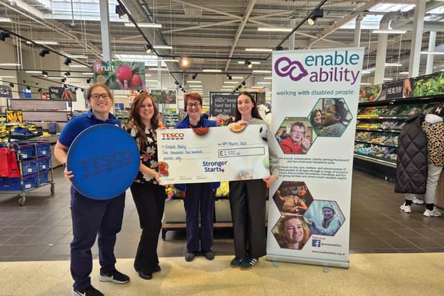 From left to right, Gemma (Tesco Fratton Community Champion), Hollie (Enable Ability), Tesco colleague, and Mia (Enable Ability)
