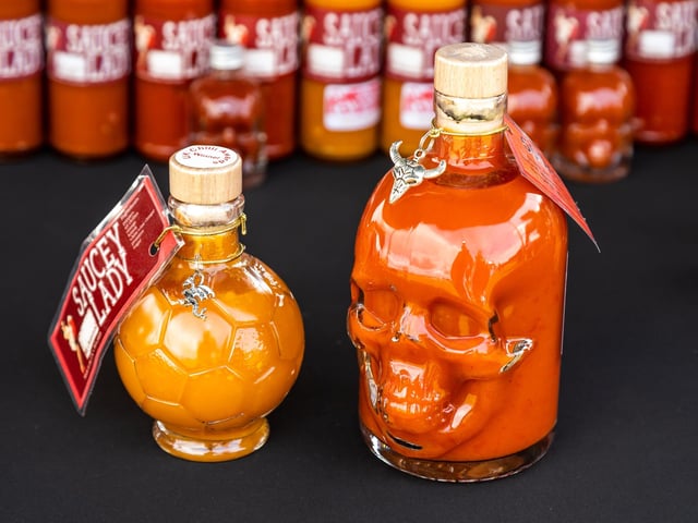Decorative glassware for the sauces from Saucy Lady. Picture: Mike Cooter (210522)