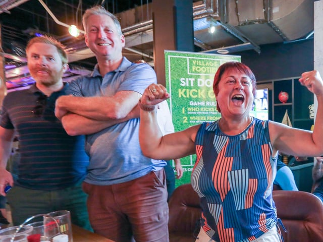 Celebrations at full-time. Fans watch Netherlands v England, UEFA Euros 2024 semi-final played in Dortmund, at Village Hotel, Lakeshore Drive, CoshamPicture: Chris  Moorhouse (100724-095)