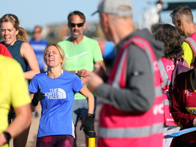 Strain shows at the finishing line. Picture: Chris Moorhouse