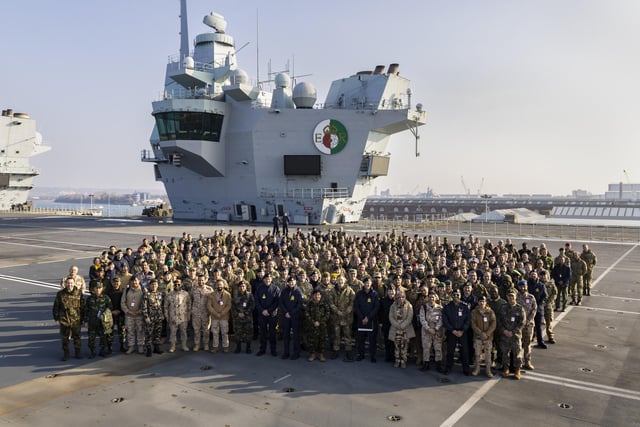 HMNB PORTSMOUTH HOSTS MARITIME COMBAT POWER VISIT

Pictured: Group photo of the course students on the flight deck of HMS Queen Elizabeth as HMNB Portsmouth hosted the annual Maritime Combat Power Visit in March 2023 this year demonstrating how Navies globally can use the maritime domain in crisis and conflict. The purpose of the day was to show the 300 Defence Academy students (Navy, Army, Air Force and Civil Servants from around the world) and help them understand and analyse the use of maritime capability across the full spectrum of conflict and its practical application at the operational level.