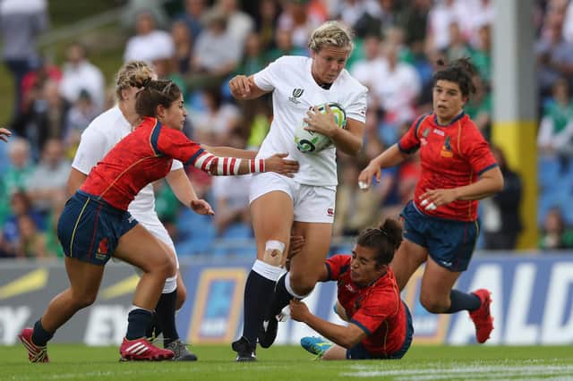 Vickii Cornborough in possession for England during a Women's Rugby World Cup 2017 group match against Spain in Dublin. Photo by David Rogers/Getty Images.