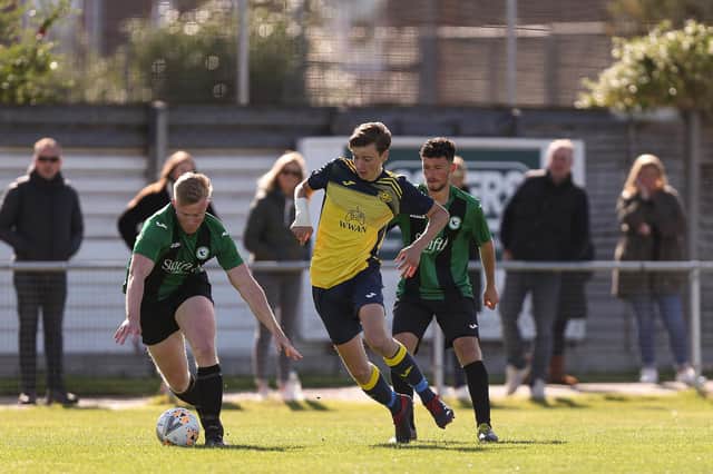 Moneyfields Reserves (yellow/black) in action against Andover New Street Swifts last September - one of 24 Hampshire Premier League Division 1 games the club went unbeaten in under boss Paul O'Rielly, who has now left Dover Road. Picture: Chris Moorhouse