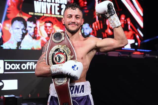 Mikey McKinson with the WBO Global welterweight belt. Picture: Mark Robinson/Matchroom Boxing