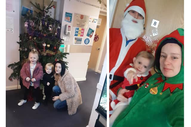 Families at Catherine Booth House will be grateful to receive vouchers from the Comfort and Joy campaign. Left is Chyna Todd and her children, right is Sophie Walker and her family
