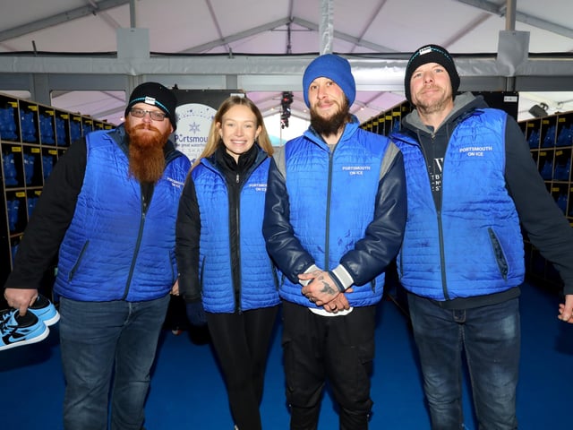 Front of house staff, from left, John Hill, Ellie Parsley (who is also a skater), Terence Parnham and Liam Perry. Portsmouth on Ice opens, rink in Guildhall Square, Portsmouth
Picture: Chris Moorhouse (jpns 251123-26)