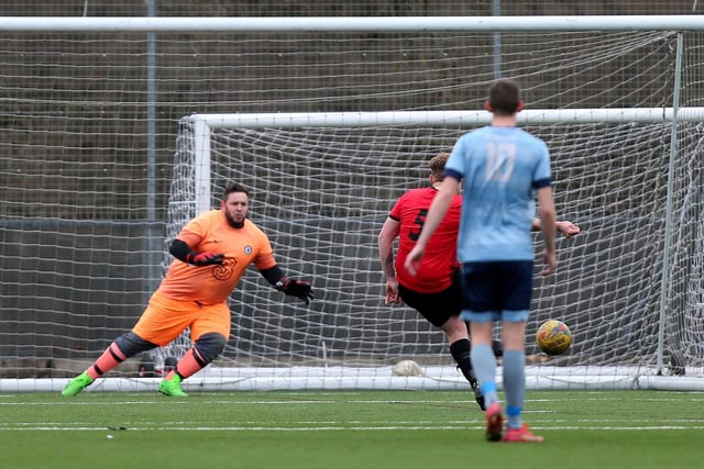 Jack Goldring scores from the penalty spot. Horndean Utd v Portchester Rovers, Mid-Solent League. Picture: Chris Moorhouse (jpns 250223-38)
