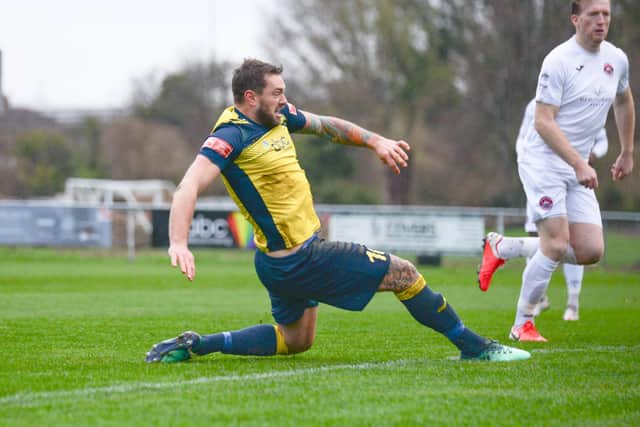 Steve Hutchings looks for another goal during Moneyfields' FA Trophy loss to Truro City. Picture: Martyn White.