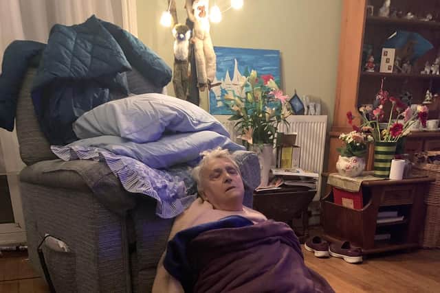Eileen Webb, 83, on the floor of her home where she fell on Thursday, October 21 2021 and waited from 5.20pm until 9pm for an ambulance to arrive amid a surge in demand at Queen Alexandra Hospital in Cosham.