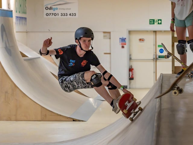Ben Cooper (17) on the ramps at the Pitt Street Skate Park. Picture: Mike Cooter (280523)