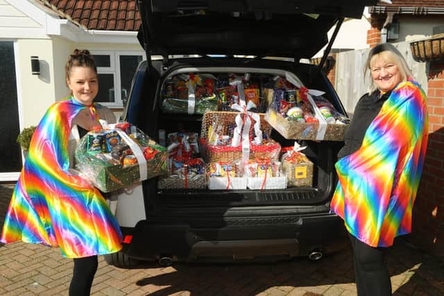 (l-r) Emily Rich (31) from East Meon and Suzanne Sparks (56) from Catherington, have throughout the coronavirus pandemic created hundreds of treat hampers to give to NHS staff at Queen Alexandra Hospital. Picture: Sarah Standing (090321-4638)