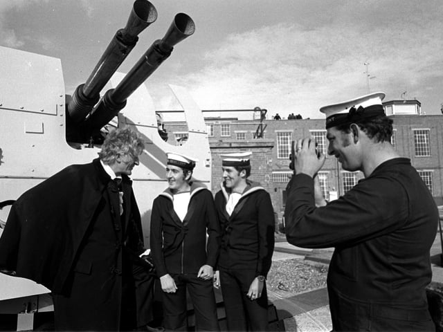 Jon Pertwee at Fraser Gunnery Range, Eastney, where the BBC was filming Dr Who, October 1971.