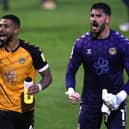 Tom King (right) celebrates with Newport County's Joss Labadie after Sunday's play-off League Two semi-final success over Forest Green Rovers. Picture: Steven Paston/PA Wire