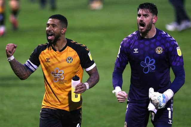 Tom King (right) celebrates with Newport County's Joss Labadie after Sunday's play-off League Two semi-final success over Forest Green Rovers. Picture: Steven Paston/PA Wire