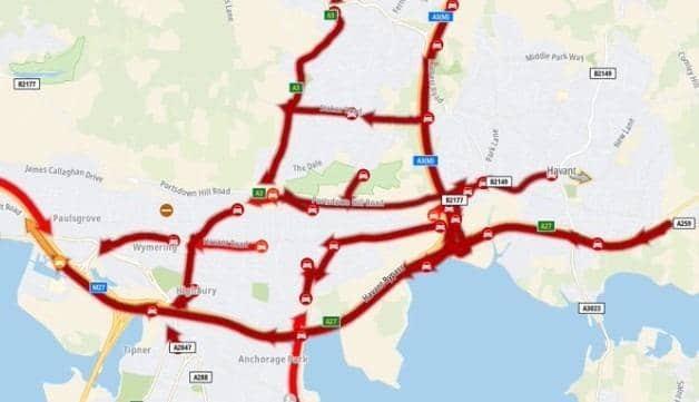Map shows congestion across Portsmouth area after crash this morning. Pic Romanse
