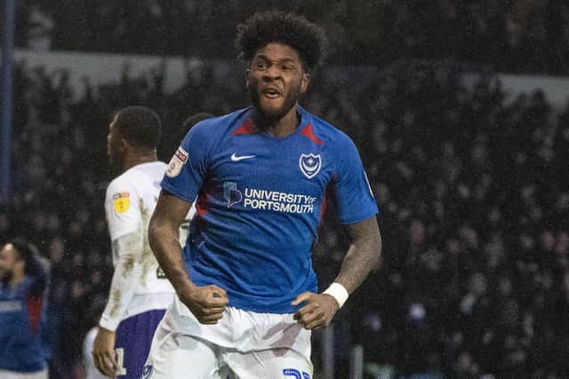 Ellis Harrison celebrates scoring against Shrewsbury at Fratton Park. Picture: Joe Pepler
