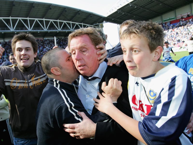 Pompey boss Harry Redknapp is mobbed by fans after a Premier League win at Wigan in April 2006. Photo by Ross Kinnaird/Getty Images