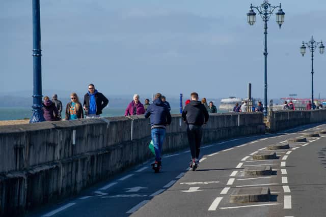Update on E-scooter trial on 29 March 2021.

Pictured: People riding e-scooters in Southsea, Portsmouth.

Picture: Habibur Rahman