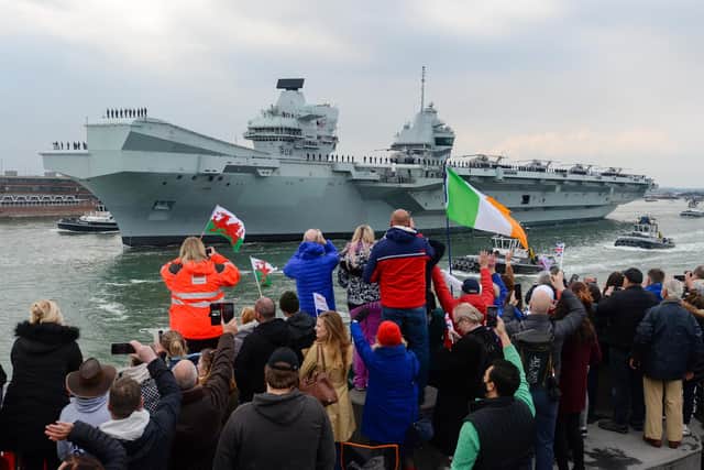 HMS Queen Elizabeth leaves Portsmouth on May 01, 2021 in Portsmouth.
