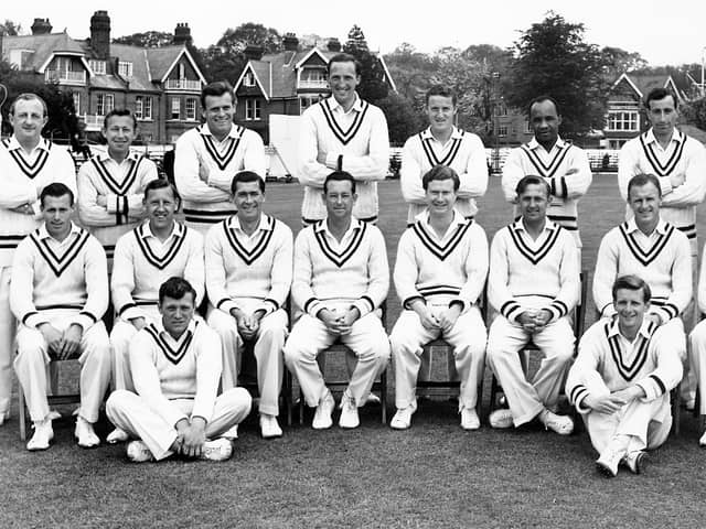 The Hampshire squad that won the county's first Championship title 60 years ago. Back (from left): Arthur Holt (coach), Dennis Baldry, David 'Butch' White, Malcolm Heath, Alan Wassell, Danny Livingstone, Mike Barnard, Norman Drake (scorer). Front: Peter Sainsbury, Mervyn Burden, Derek Shackleton, Roy Marshall, Colin Ingleby-Mackenzie (Captain), Leo Harrison, Jimmy Gray, Henry Horton. Foreground: Brian Timms, Bernard Harrison. Picture: David Allen (Hampshire Cricket historian).