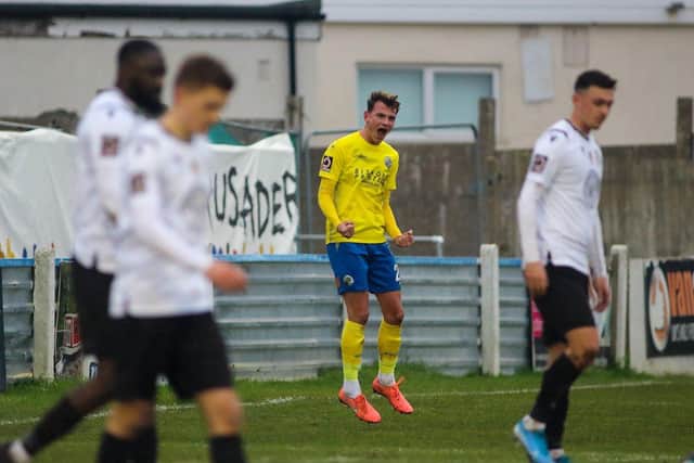 Alfie Rutherford celebrating Hawks' opening goal against Hungerford Town in Decembe. Photo By Kieron Louloudis