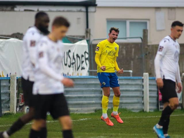 Alfie Rutherford celebrating Hawks' opening goal against Hungerford Town in Decembe. Photo By Kieron Louloudis