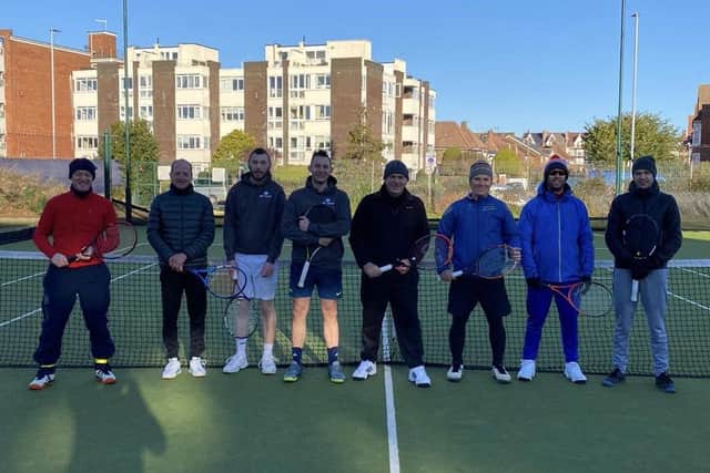 CourtX 3 v JEM Tennis (from left): Robin Ellison, Richard Hebbes, Jake Somerton. Rob Chapman, Simon Troke, Martyn Cox, Peter Wilkes, Christophe Rident