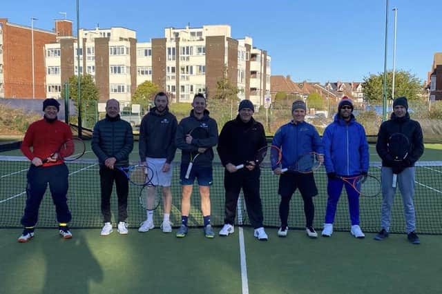 CourtX 3 v JEM Tennis (from left): Robin Ellison, Richard Hebbes, Jake Somerton. Rob Chapman, Simon Troke, Martyn Cox, Peter Wilkes, Christophe Rident
