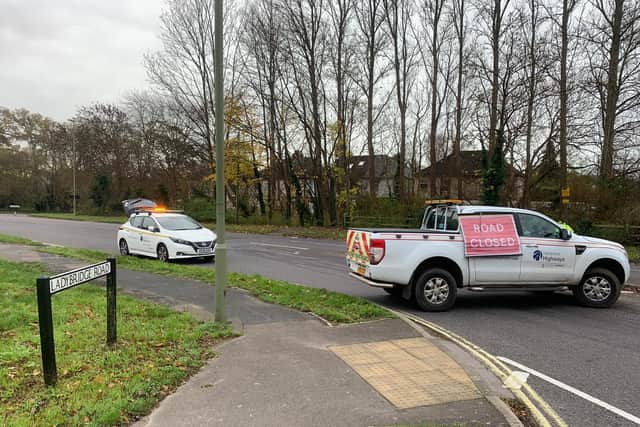 Road closure at Ladybridge Road in Purbrook after oil spill. Picture: Sarah Standing