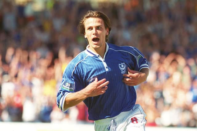 Stefani Miglioranzi celebrates scoring against Sheffield United in August 1999 - his maiden Pompey goal. Picture: Steve Reid