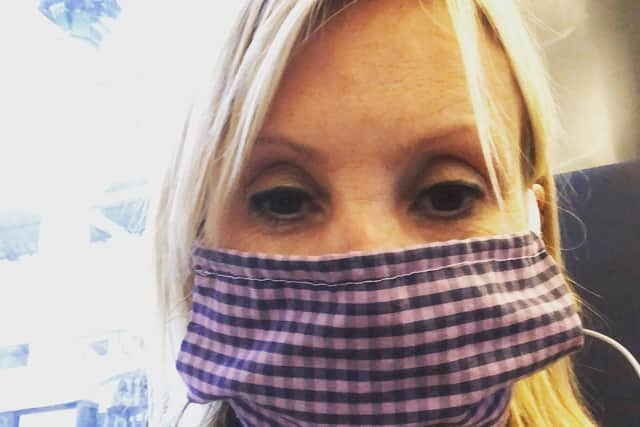 Caroline Dinenage wears a face covering designed by her son Ed. Picture: Caroline Dinenage