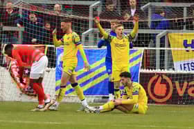 Hawks looking for the offside after Dominic Poleon's opener for Ebbsfleet. Picture by Dave Haines