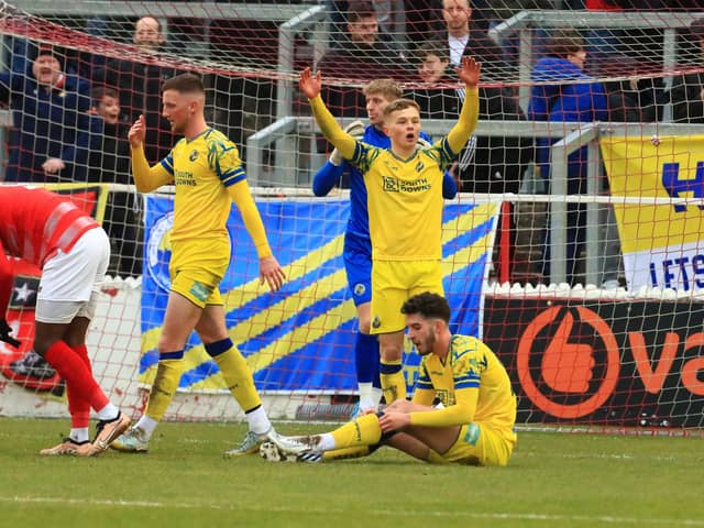 Hawks looking for the offside after Dominic Poleon's opener for Ebbsfleet. Picture by Dave Haines