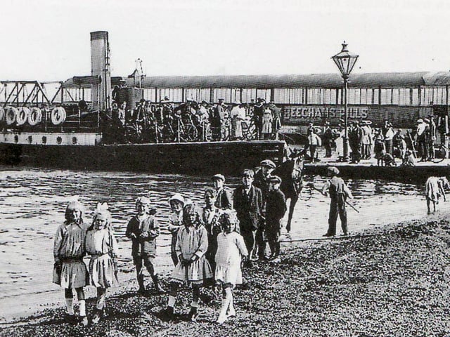 Gosport ferry in the 1920s. Workmen with their cycles prepare to disembark from the Ferry King.
This 57-ton steam launch was built by Camper & Nicholsons in 1918 and served commuters reliably and cheaply until 1960.