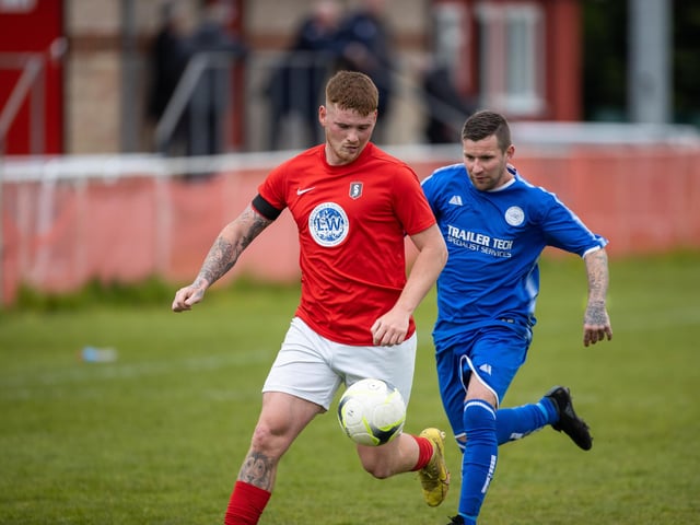 Action from Gosport Town's 4-0 victory over Lee Rangers (blue kit) in the Portsmouth & District FA Trophy final at Cams Alders. Picture: Alex Shute
