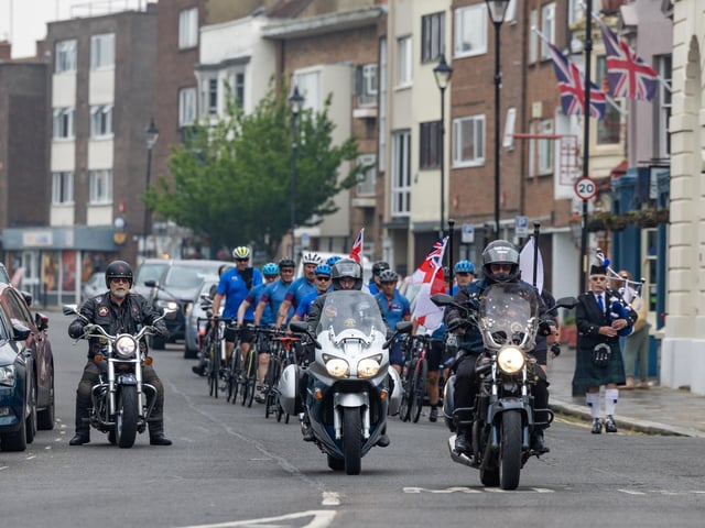 Falklands 40 Cyclists and escorts arriving at the Falklands Memorial Service at Old Portsmouth.