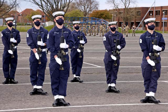 Sailors and Royal Marines have joined counterparts from the other services in rehearsals for the funeral of His Royal Highness The Duke of Edinburgh. They mustered on Saturday at HMS Collingwood in Fareham and have now moved to the Army Training Centre Pirbright to finalise preparations for the funeral on April 17. Photo: LPhot Rory Arnold