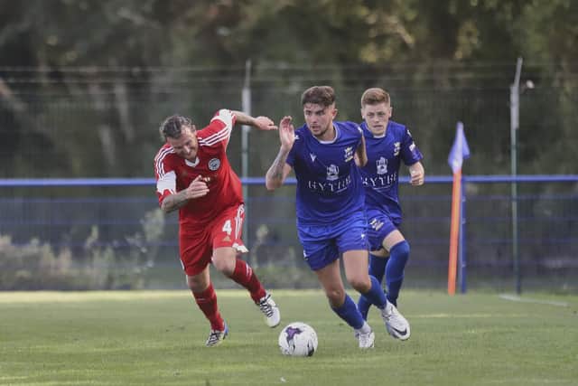 James Cowan was sent off for a foul as Baffins Milton Rovers were thrashed 4-0 at Hamworthy United. Picture: Simon Hill Photography